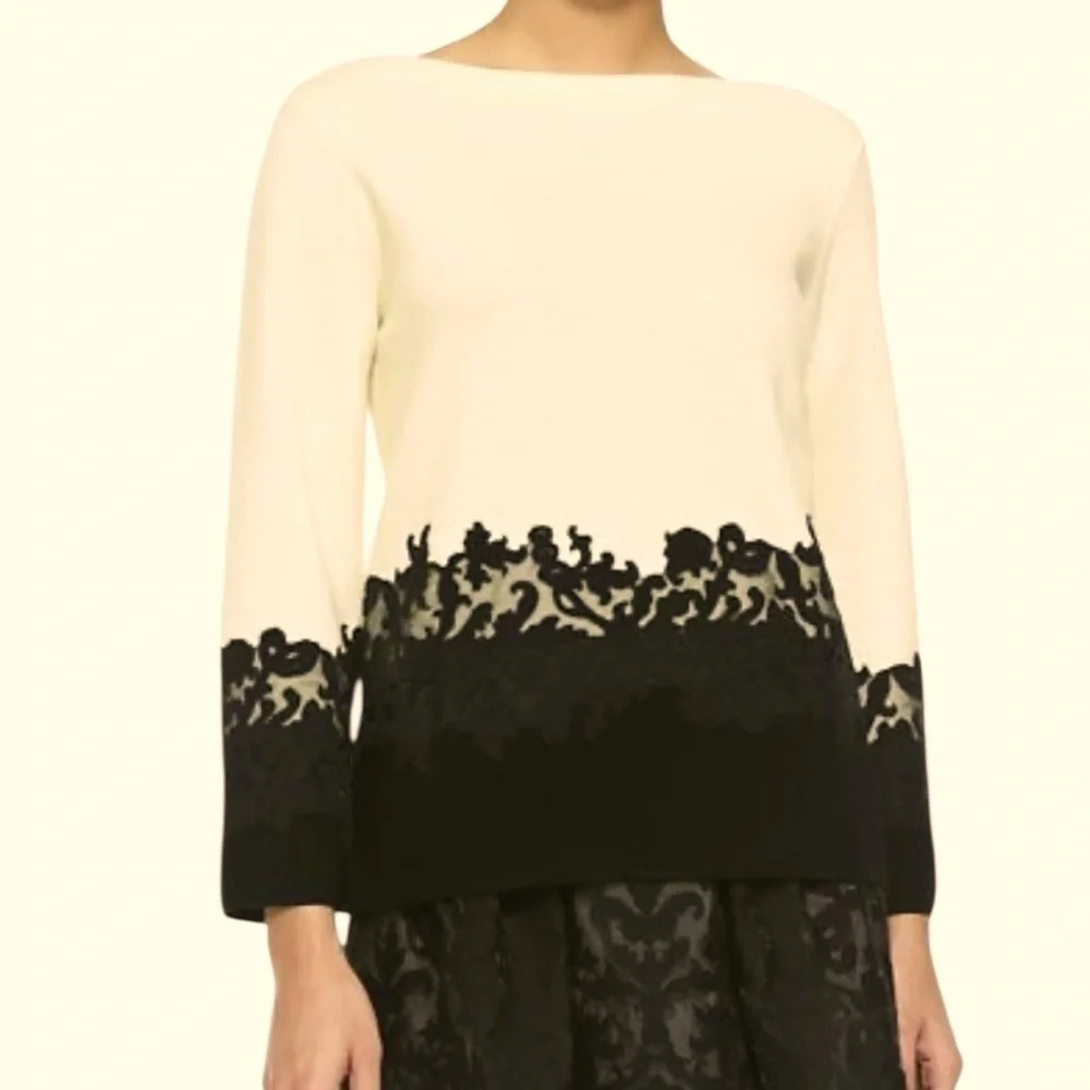 Tory Burch Dixie Cream and Black 💯 Merino Wool Sweater with Lace Detail Size SP